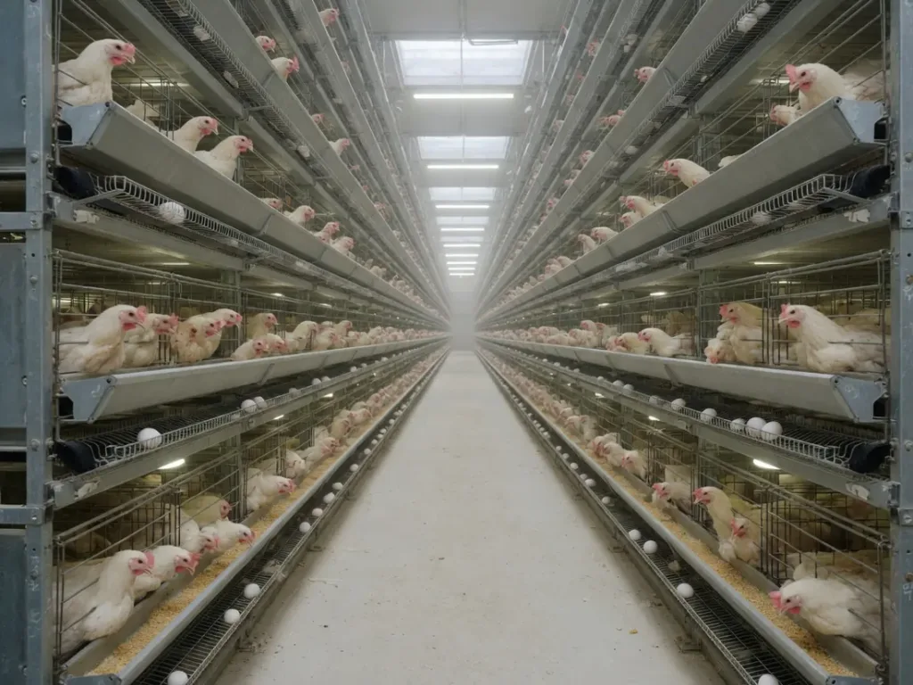 Layer hen hall with automated egg collection belts