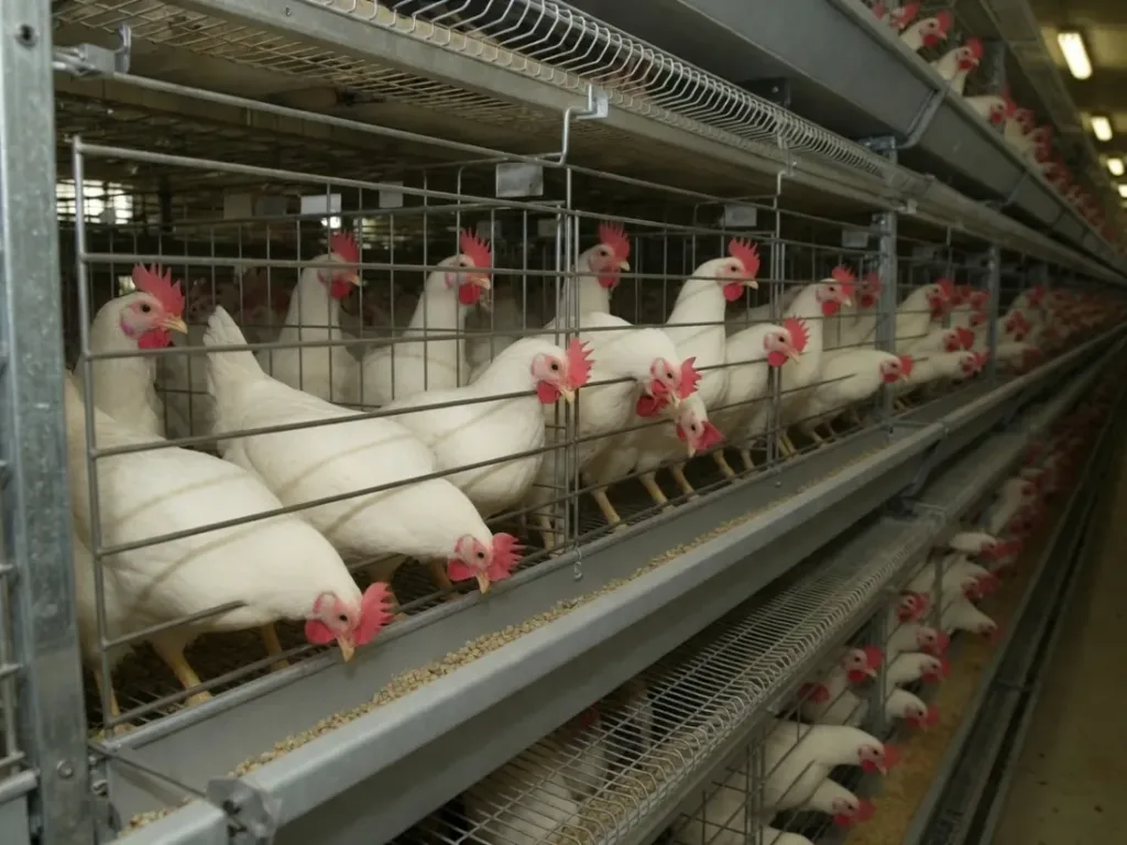 White Bovans hens in a modern layer hall