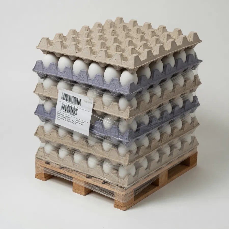 Labelled export pallet of egg trays