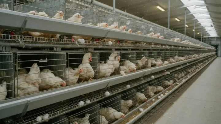 Bright, ventilated rearing hall with layer hens