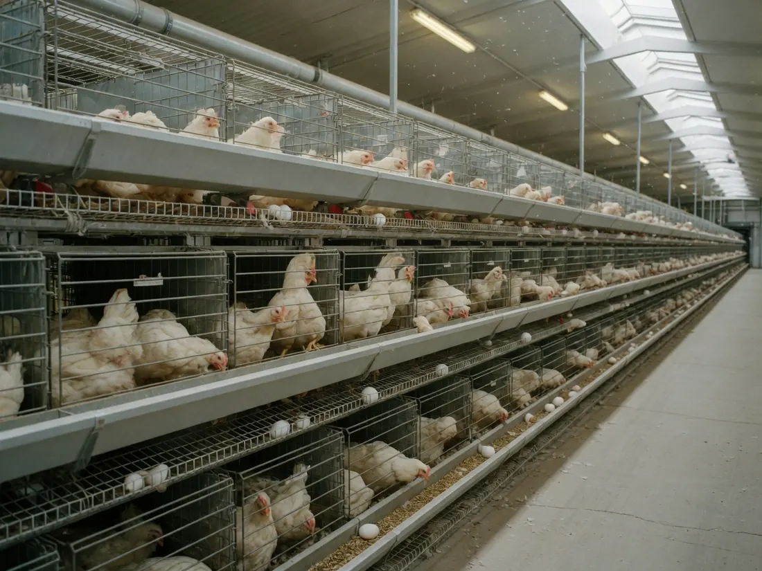 Bright, ventilated rearing hall with layer hens
